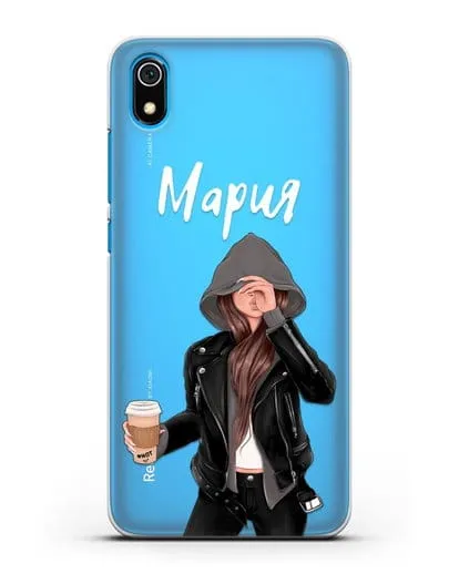 Именной чехол Девушка в худи с кофе силиконовый для Xiaomi Redmi 7A