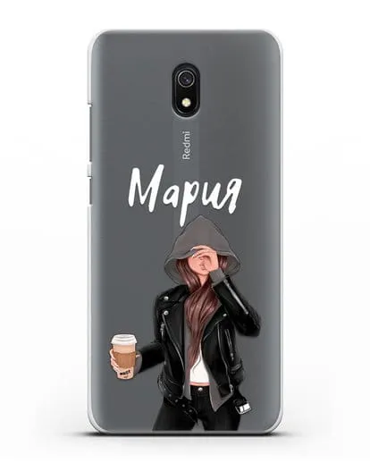 Именной чехол Девушка в худи с кофе силиконовый для Xiaomi Redmi 8A