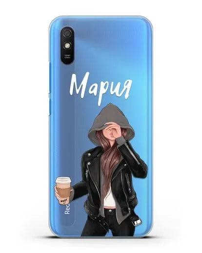 Именной чехол Девушка в худи с кофе силиконовый для Xiaomi Redmi 9A