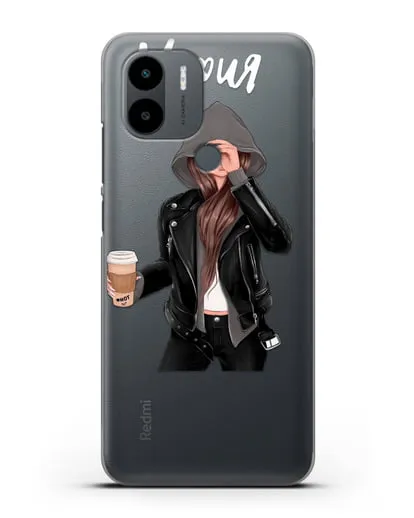 Именной чехол Девушка в худи с кофе силиконовый для Xiaomi Redmi A1 Plus