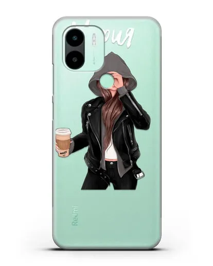 Именной чехол Девушка в худи с кофе силиконовый для Xiaomi Redmi A2 Plus