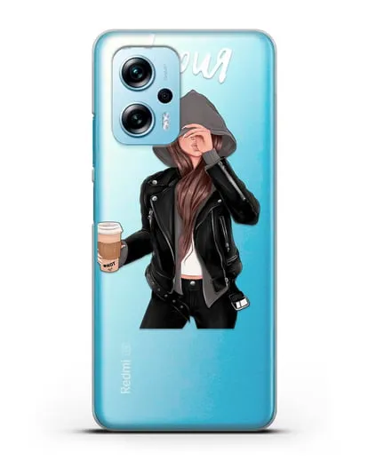 Именной чехол Девушка в худи с кофе силиконовый для Xiaomi Redmi Note 11T Pro
