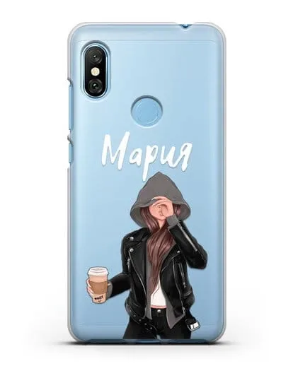 Именной чехол Девушка в худи с кофе силиконовый для Xiaomi Redmi Note 6 Pro