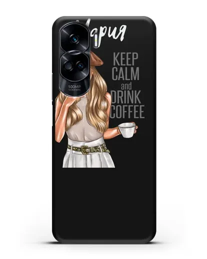 Именной чехол Девушка в берете с кофе и надписью Keep calm and drink coffee силиконовый для Honor 90 Lite
