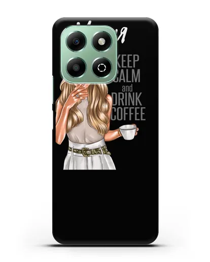 Именной чехол Девушка в берете с кофе и надписью Keep calm and drink coffee силиконовый для Honor X6b