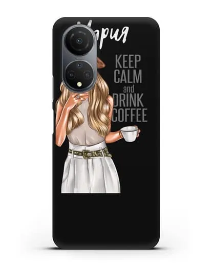 Именной чехол Девушка в берете с кофе и надписью Keep calm and drink coffee силиконовый для Honor X7
