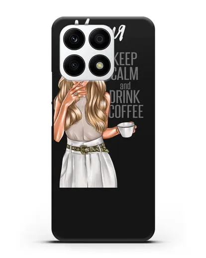 Именной чехол Девушка в берете с кофе и надписью Keep calm and drink coffee силиконовый для Honor X8a