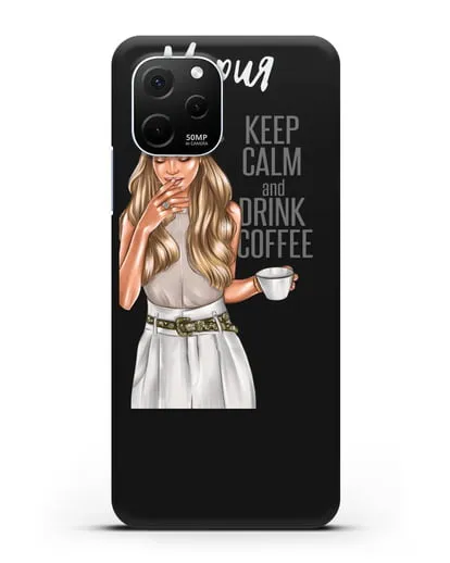 Именной чехол Девушка в берете с кофе и надписью Keep calm and drink coffee силиконовый для Huawei Nova Y61