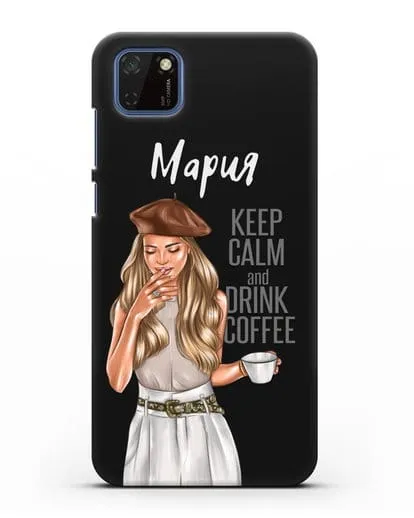 Именной чехол Девушка в берете с кофе и надписью Keep calm and drink coffee силиконовый для Huawei Y5P
