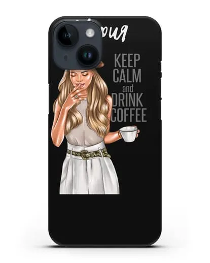 Именной чехол Девушка в берете с кофе и надписью Keep calm and drink coffee силиконовый для iPhone 14