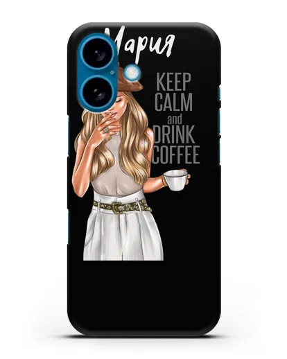 Именной чехол Девушка в берете с кофе и надписью Keep calm and drink coffee силиконовый для iPhone 16
