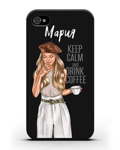 Именной чехол Девушка в берете с кофе и надписью Keep calm and drink coffee силиконовый для iPhone 4/4s