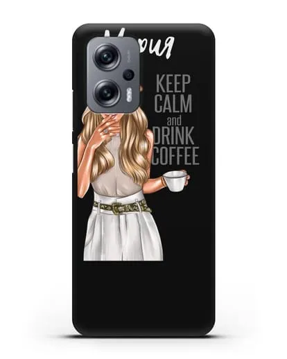 Именной чехол Девушка в берете с кофе и надписью Keep calm and drink coffee силиконовый для Xiaomi Poco X4 GT