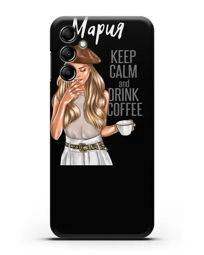 Именной чехол Девушка в берете с кофе и надписью Keep calm and drink coffee силиконовый для Samsung Galaxy A14 [SM-A145]