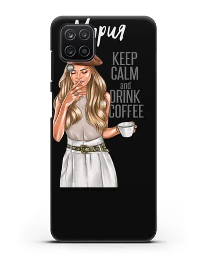 Именной чехол Девушка в берете с кофе и надписью Keep calm and drink coffee силиконовый для Samsung Galaxy A12s [SM-A127F]