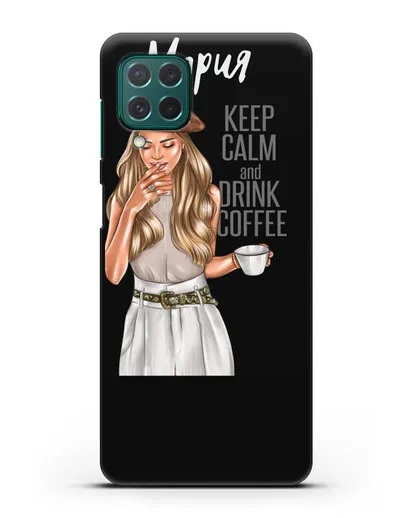Именной чехол Девушка в берете с кофе и надписью Keep calm and drink coffee силиконовый для Samsung Galaxy M62 [SM-M625F]
