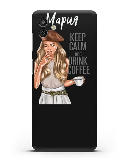Именной чехол Девушка в берете с кофе и надписью Keep calm and drink coffee силиконовый для Samsung Galaxy M13 [SM-M135]