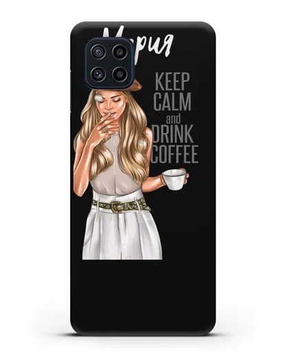 Именной чехол Девушка в берете с кофе и надписью Keep calm and drink coffee силиконовый для Samsung Galaxy M22 [M225F]
