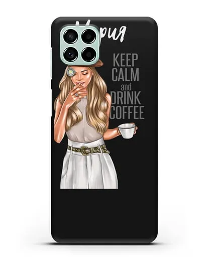 Именной чехол Девушка в берете с кофе и надписью Keep calm and drink coffee силиконовый для Samsung Galaxy M33 [SM-M336]