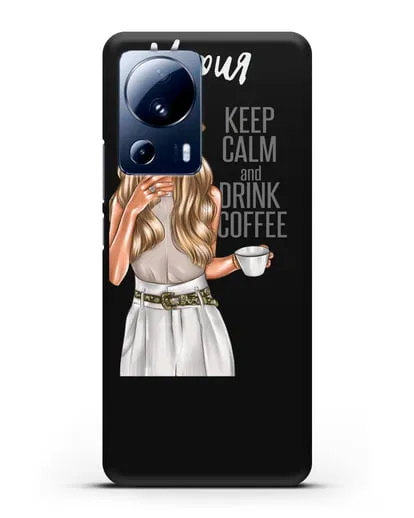 Именной чехол Девушка в берете с кофе и надписью Keep calm and drink coffee силиконовый для Xiaomi 13 Lite
