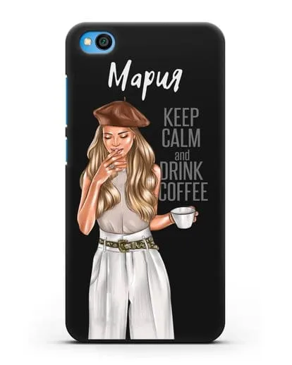 Именной чехол Девушка в берете с кофе и надписью Keep calm and drink coffee силиконовый для Xiaomi Redmi Go