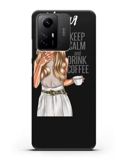 Именной чехол Девушка в берете с кофе и надписью Keep calm and drink coffee силиконовый для Xiaomi Redmi Note 12S