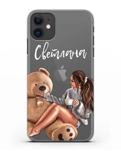 Именной чехол Девушка с плюшевым мишкой силиконовый для iPhone 11