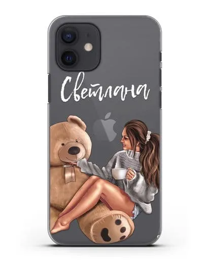 Именной чехол Девушка с плюшевым мишкой силиконовый для iPhone 12