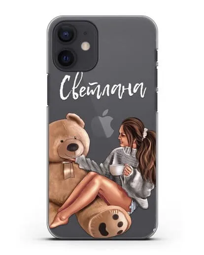 Именной чехол Девушка с плюшевым мишкой силиконовый для iPhone 12 mini