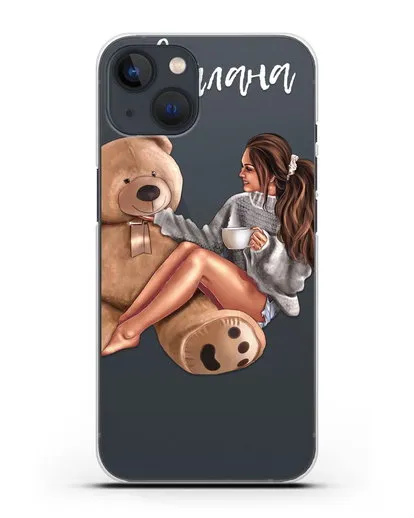 Именной чехол Девушка с плюшевым мишкой силиконовый для iPhone 13 Mini