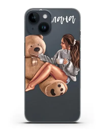 Именной чехол Девушка с плюшевым мишкой силиконовый для iPhone 14