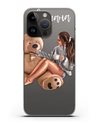 Именной чехол Девушка с плюшевым мишкой силиконовый для iPhone 14 Pro Max