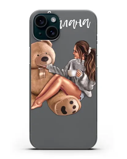 Именной чехол Девушка с плюшевым мишкой силиконовый для iPhone 15 Plus