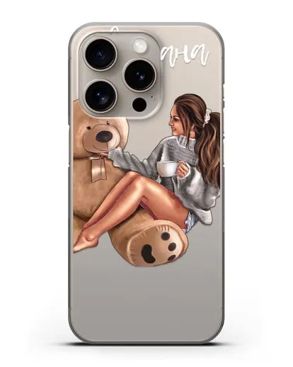 Именной чехол Девушка с плюшевым мишкой силиконовый для iPhone 15 Pro