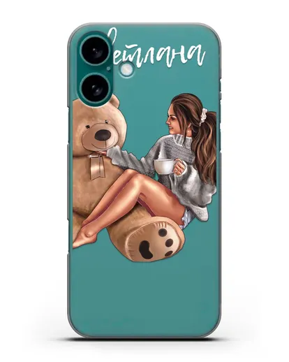 Именной чехол Девушка с плюшевым мишкой силиконовый для iPhone 16 Plus