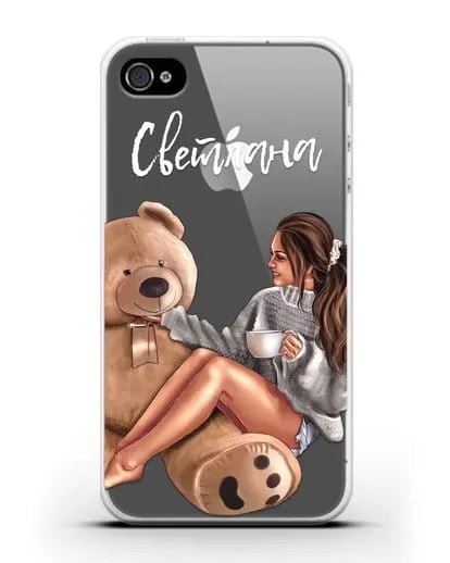 Именной чехол Девушка с плюшевым мишкой силиконовый для iPhone 4/4s
