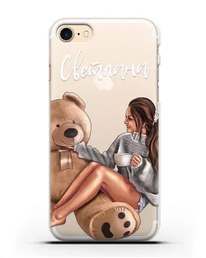 Именной чехол Девушка с плюшевым мишкой силиконовый для iPhone 7