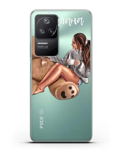 Именной чехол Девушка с плюшевым мишкой силиконовый для Xiaomi Poco F4