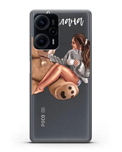 Именной чехол Девушка с плюшевым мишкой силиконовый для Xiaomi Poco F5