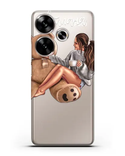 Именной чехол Девушка с плюшевым мишкой силиконовый для Xiaomi Poco F6