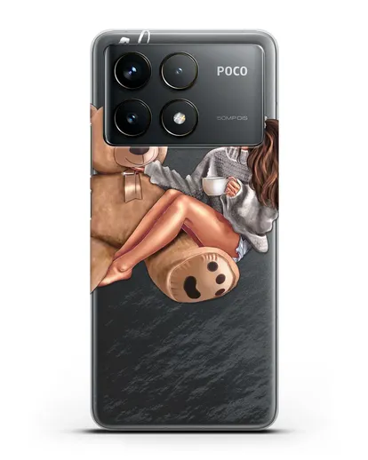 Именной чехол Девушка с плюшевым мишкой силиконовый для Xiaomi Poco F6 Pro