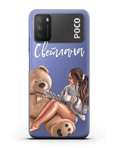 Именной чехол Девушка с плюшевым мишкой силиконовый для Xiaomi Poco M3
