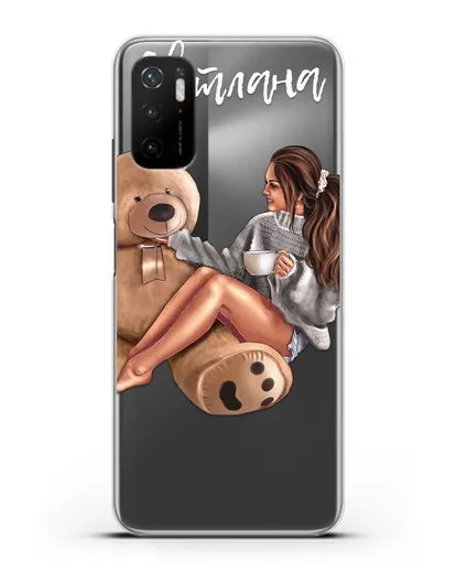 Именной чехол Девушка с плюшевым мишкой силиконовый для Xiaomi Poco M3 Pro