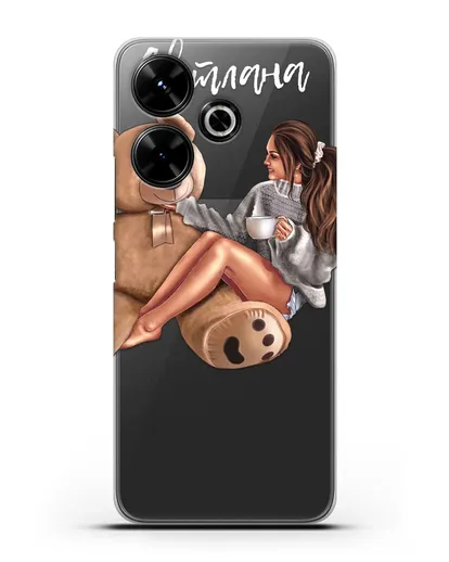 Именной чехол Девушка с плюшевым мишкой силиконовый для Xiaomi Poco M6