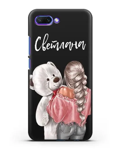 Именной чехол Девушка с плюшевым белым медведем силиконовый для Honor 10