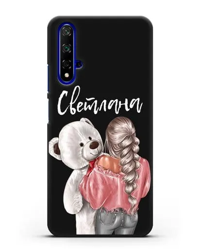 Именной чехол Девушка с плюшевым белым медведем силиконовый для Honor 20