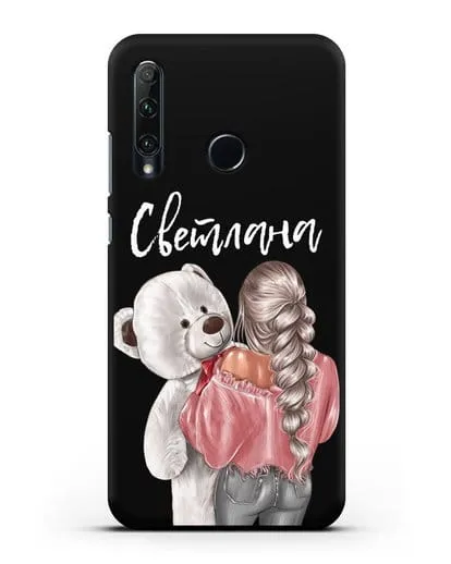 Именной чехол Девушка с плюшевым белым медведем силиконовый для Honor 20e