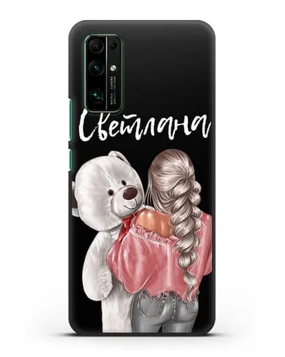 Именной чехол Девушка с плюшевым белым медведем силиконовый для Honor 30
