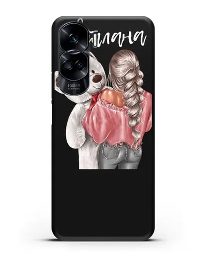 Именной чехол Девушка с плюшевым белым медведем силиконовый для Honor 90 Lite