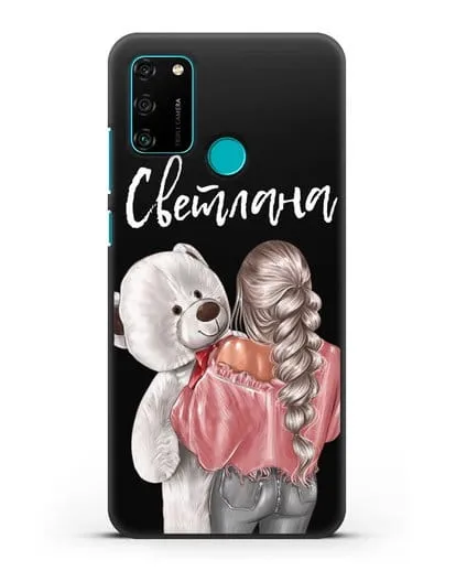 Именной чехол Девушка с плюшевым белым медведем силиконовый для Honor 9A